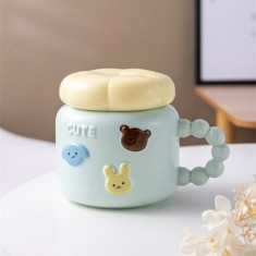 Cana pentru Copii, Cyrax, din Portelan, print Figurine Animalute, Model CUTE, Cana cu Capac, Ceasca pentru Cafea, Ceai, 400ml Albastru deschis
