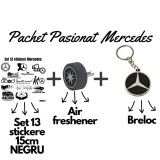 Set Cadou Pasionati Mercedes-Benz , 13 Stickere Personalizate, Breloc 3D si Air Freshener Roata 3D