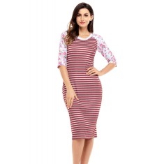 V681-821 Rochie midi model in dungi orizontale si maneci trei sferturi cu model floral