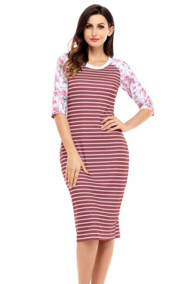V681-821 Rochie midi model in dungi orizontale si maneci trei sferturi cu model floral foto