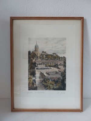 Breslau Liebigsh&amp;ouml;he / WROCŁAW. Partisan Hill (Liebicha); gravura Albrecht Br&amp;uuml;ck (1874-1964), semnat, in rama lemn, sub sticla, 31x41cm foto