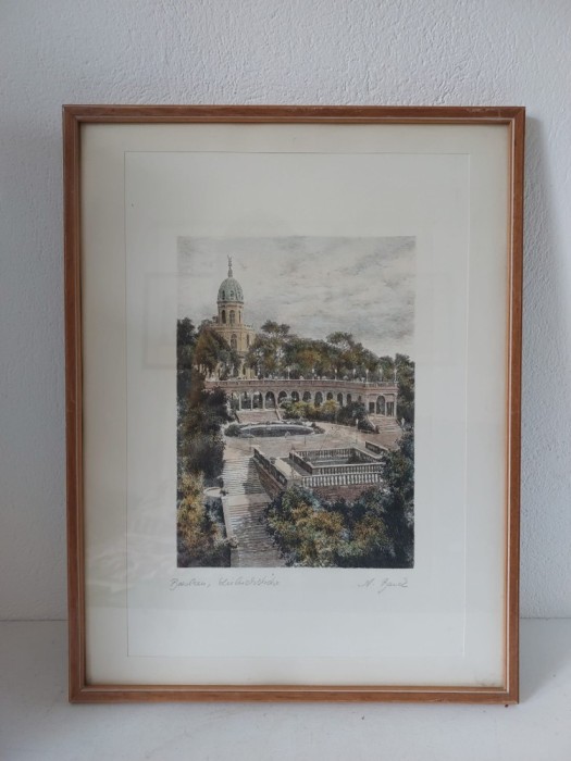 Breslau Liebigsh&ouml;he / WROCŁAW. Partisan Hill (Liebicha); gravura Albrecht Br&uuml;ck (1874-1964), semnat, in rama lemn, sub sticla, 31x41cm