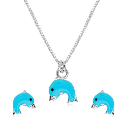 Set din argint 925 - colier și cercei, delfin cu smalț albastru foto