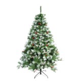 Brad artificial decorat cu conuri pin nins 2.1m de craciun, interior/exterior, diametru 147 cm, 1150 ramuri, suport metalic inclus, verde, Oem