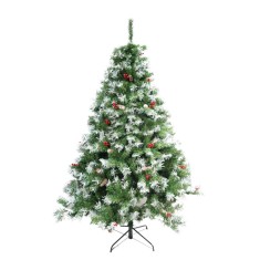 Brad artificial decorat cu conuri pin nins 2.1m de craciun, interior/exterior, diametru 147 cm, 1150 ramuri, suport metalic inclus, verde