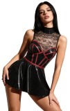 Rochie Mini din Material Wetlook si Dantela, Negru, S