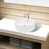 Chiuveta de baie din ceramica, orificiu robinet/preaplin, rotund, alb GartenMobel Dekor, vidaXL