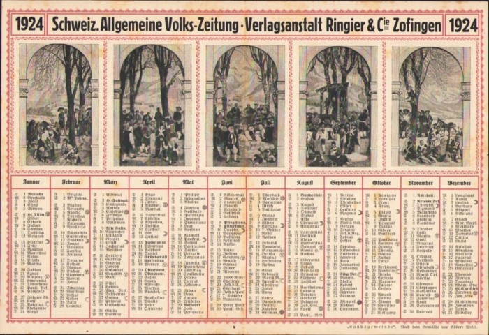 A2146 Calendar, 1924, Schweiz Allgemeine Volks-Zeitung-Verlagsanstalt Ringier &amp; Cie Zofingen