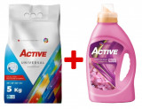 Detergent Universal de rufe pudra Active, sac 5kg, 68 spalari + Balsam de rufe Active Happy Day, 1.5 litri, 60 spalari