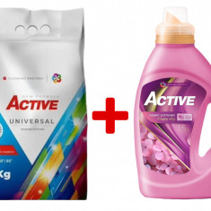 Detergent Universal de rufe pudra Active, sac 5kg, 68 spalari + Balsam de rufe Active Happy Day, 1.5 litri, 60 spalari