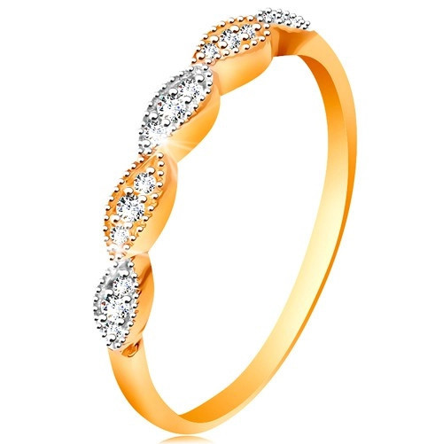 Inel realizat din aur de 14K, bobiţe &icirc;n două culori cu zirconii &icirc;ncorporate, braţe lucioase - Marime inel: 49