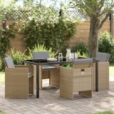 Set dining 5 piese cu pernute bej ratan polimeric, masa gradina Gossi negru 160x80x73 cm sticla temperata