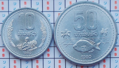 01B42 Laos set 2 monede 1980 10, 50 Att 1980 UNC foto