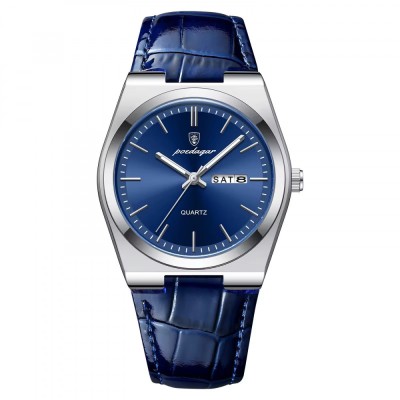 Ceas barbatesc Poedagar Luxury Fashion Afisare data Zilele saptamanii Quartz Piele Negru Albastru foto