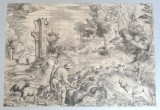Titian "Peisaj cu pastor, turma de oi si caine" gravura veche cca 1560