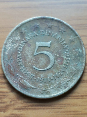 Moneda Jugoslavia 5 Dinari 1971 foto