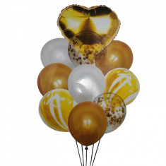 Buchet 10 baloane din latex cu confetti Gold Heart