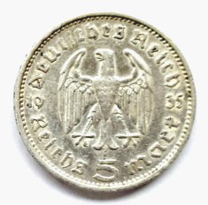 GERMANIA 5 REICHSMARK 1935 F HINDEMBURG ARGINT XF ( CITITI DESCRIEREA )