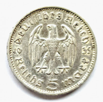 GERMANIA 5 REICHSMARK 1935 F HINDEMBURG ARGINT XF ( CITITI DESCRIEREA ) foto