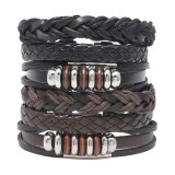 Cumpara ieftin Set 6 bratari cu multiple straturi JustZEN pentru barbati din piele naturala neagra/ maro inchidere ajustabila