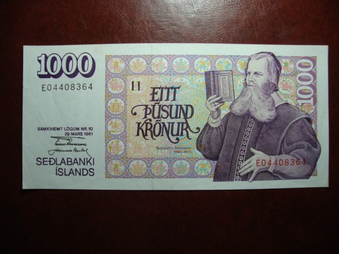 ISLANDA 1000 KRONUR 1961 EXCELENTA , MAI RARA