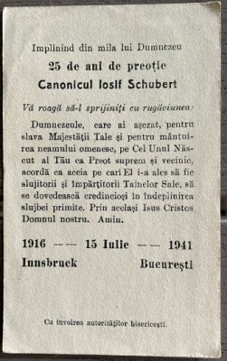 1941, Canonicul Iosif Schubert 25 de ani preotie, Bucuresti, catolicism, biserica catolica Romania, flyer aniversar, memorie, istorie biserica foto