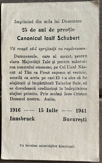 1941, Canonicul Iosif Schubert 25 de ani preotie, Bucuresti, catolicism, biserica catolica Romania, flyer aniversar, memorie, istorie biserica