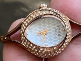 Titan Raga pentru femei are o carcasă aurie roz &icirc;ncrustată cu cristale strălucitoare și un cadran cu model solzuit.