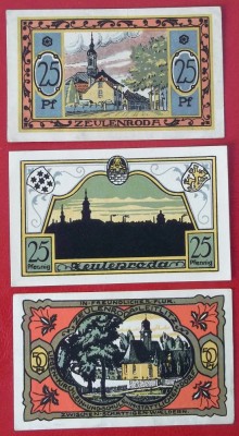 Germania lot 3 notgeld 2 x 25 + 50 pfennig 1921 Zeulenroda ** foto