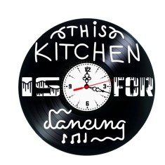 Ceas de perete decorativ &ldquo;Kitchen Art&rdquo;, lucrat manual din disc de vinil (Vinyl Record), design tematic Bucatarie, Negru, 30 cm