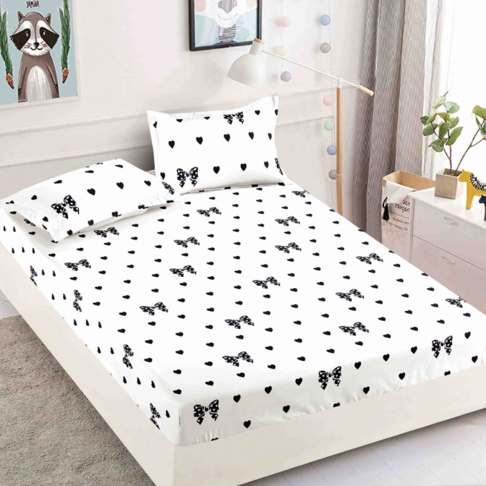 Husa de pat cu elastic alba cu fluturi negri 180x200cm D084