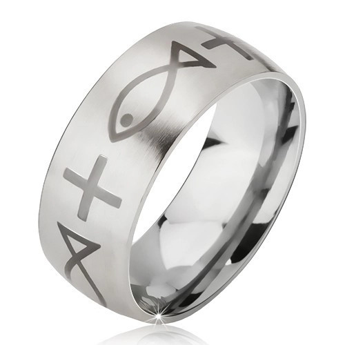 Inel mat din oțel - bandă argintie, cruci și pești imprimate - Marime inel: 67