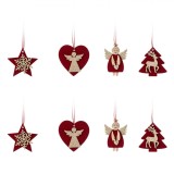 Ornamente Crăciun Lemn, 4 Modele Catifelate, Culoare Bordo cu Glitter Auriu, 4-5 cm, Set 8 Bucăți, Oem