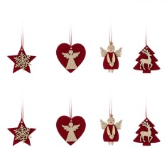 Ornamente Crăciun Lemn, 4 Modele Catifelate, Culoare Bordo cu Glitter Auriu, 4-5 cm, Set 8 Bucăți