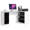 Birou calculator pe colt, placa laminata, 3 sertare, 4 rafturi, alb si negru lucios, 155x85x77 cm