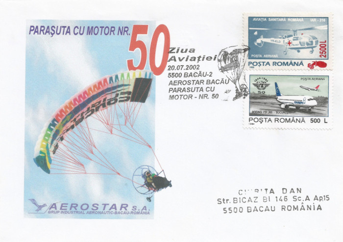 Romania, Ziua Aviatiei, Bacau, plic circulat, 2002, eroare