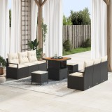 Set canapea gradina Gossi 9 piese cu perne negru ratan poli acacia, canapea gradina Gossi 2 locuri cu perne negru ratan poli, set dining gradina Gossi