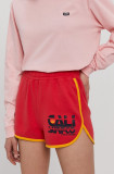 Superdry Pantaloni scurți femei, culoarea rosu, cu imprimeu, medium waist