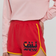 Superdry Pantaloni scurți femei, culoarea rosu, cu imprimeu, medium waist