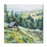 Tablou pictat manual, Peisaj de la munte, aer curat, 40x40cm ulei pe panza, gata de expus pe perete