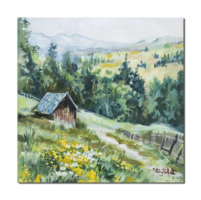 Tablou pictat manual, Peisaj de la munte, aer curat, 40x40cm ulei pe panza, gata de expus pe perete foto