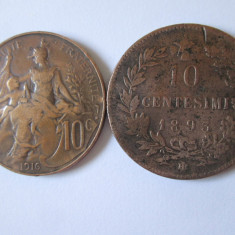 Lot 2 monede:Franta 10 Centimes 1916+Italia 10 Centesimi 1893