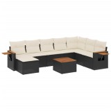 Set mobilier de gradina cu perne, 9 piese, negru, poliratan