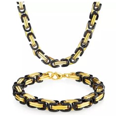 Set Lant Si Bratara Inox Auriu Negru Solid Cod S14