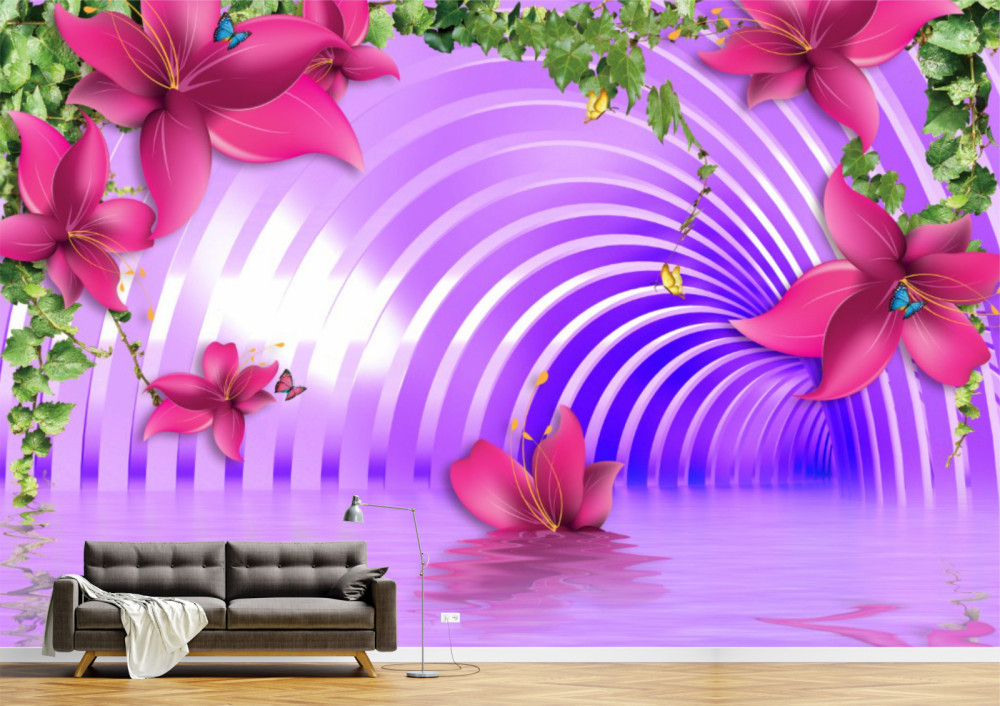 Tapet Premium Canvas - Tunelul mov si florile colorate 3d abstract |  Okazii.ro