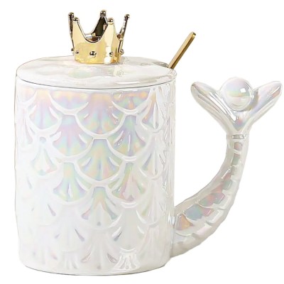 Cana cu capac din ceramica si lingurita Pufo Princess pentru cafea sau ceai, 300 ml, alb foto
