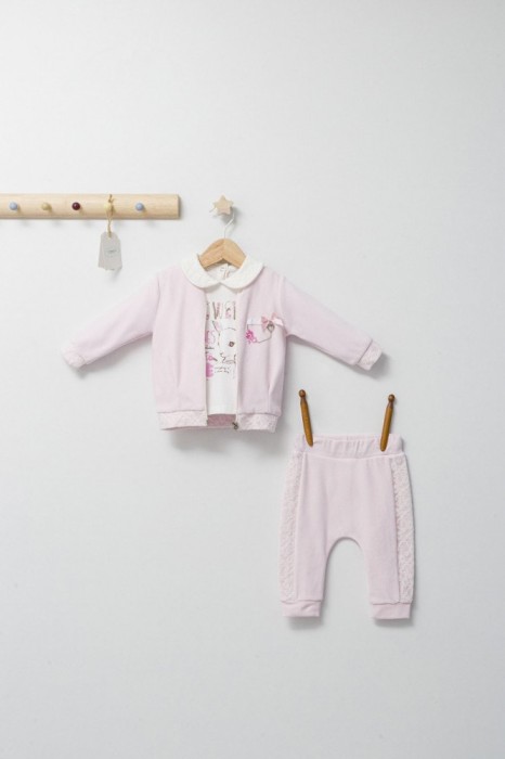 Set 3 piese: pantaloni, bluzita si hainuta pentru bebelusi Gazelle, Tongs baby (Culoare: Roz, Marime: 6-9 luni)