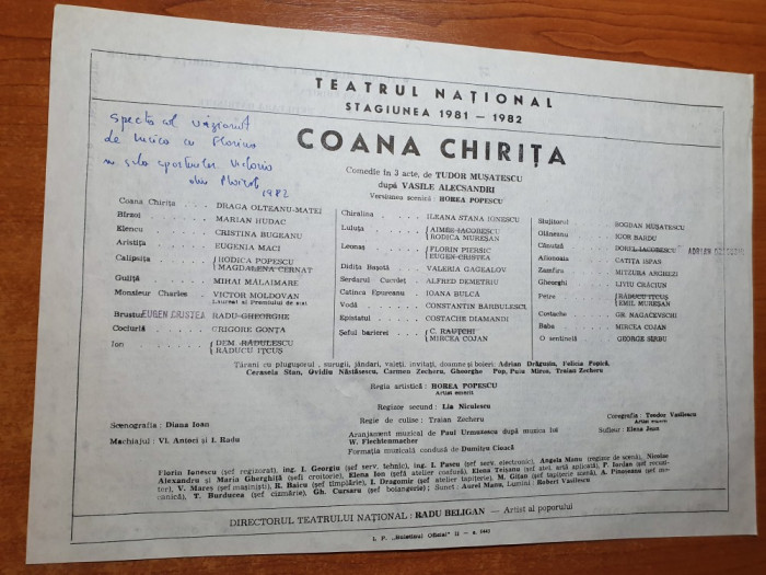 program teatrul national stagiunea 1981-1982- coana chirita - draga oleteanu