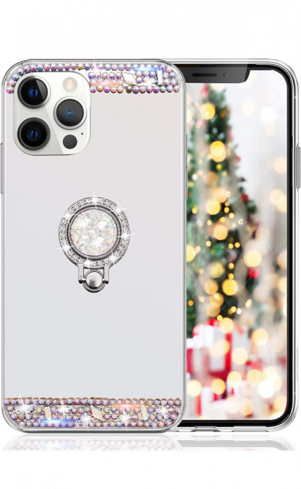 Husa silicon oglinda , inel si pietricele Iphone 13 Pro Max , Argintiu