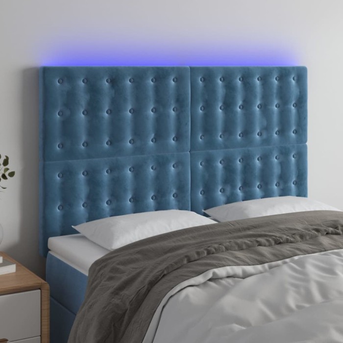 vidaXL Tăblie de pat cu LED, albastru &icirc;nchis, 144x5x118/128cm, catifea 3122910